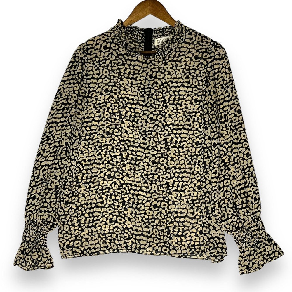 Molly Bracken Blouse Leopard Cheetah Ruffle Neck Cuff Long Sleeve Neutral L